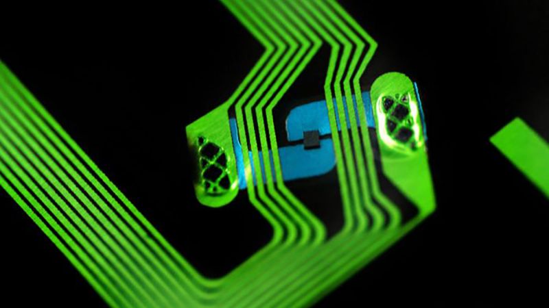 close-up of an RFID antenna etching