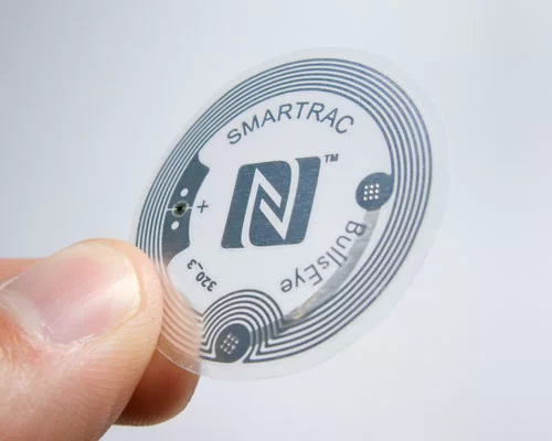 Close up image of an NFC 38mm Clear NTAG213