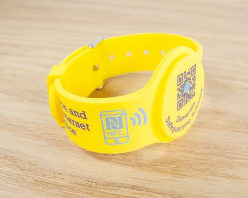 Close up image of an NFC Adjustable Watch-Style NFC Wristband